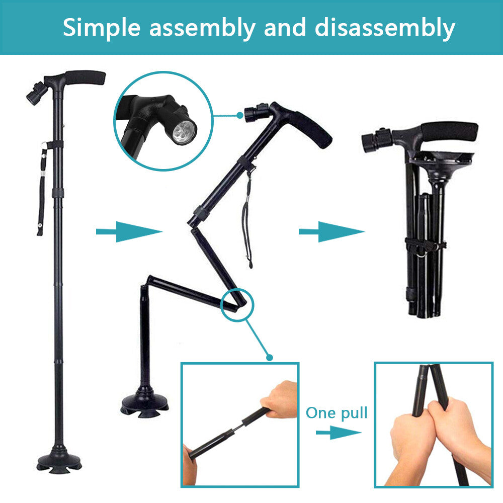Folding LCD Walking Stick Cane with Flashlight for Senior Aluminium Travel Hiking Cane Trekking Pole Crutch Handle Strap 5 Gears