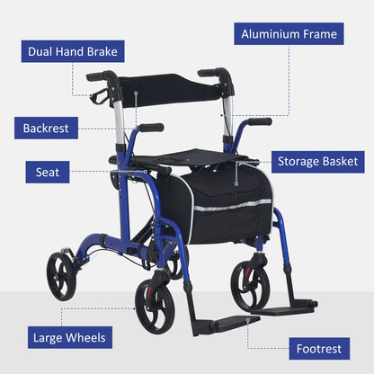2 in 1 Wheelchair & Folding Rollator Walker Combo, Pearl Blue
