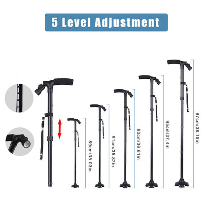 Folding LCD Walking Stick Cane with Flashlight for Senior Aluminium Travel Hiking Cane Trekking Pole Crutch Handle Strap 5 Gears