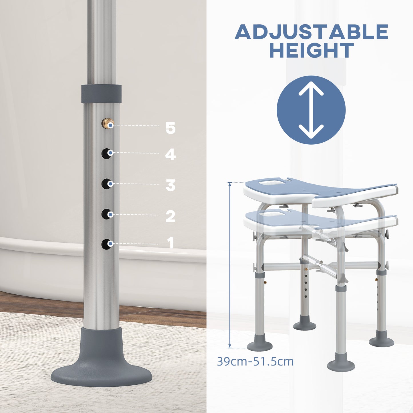 Height Adjustable Shower Stool with Suction Grab Rail U-Shaped Padded Seat