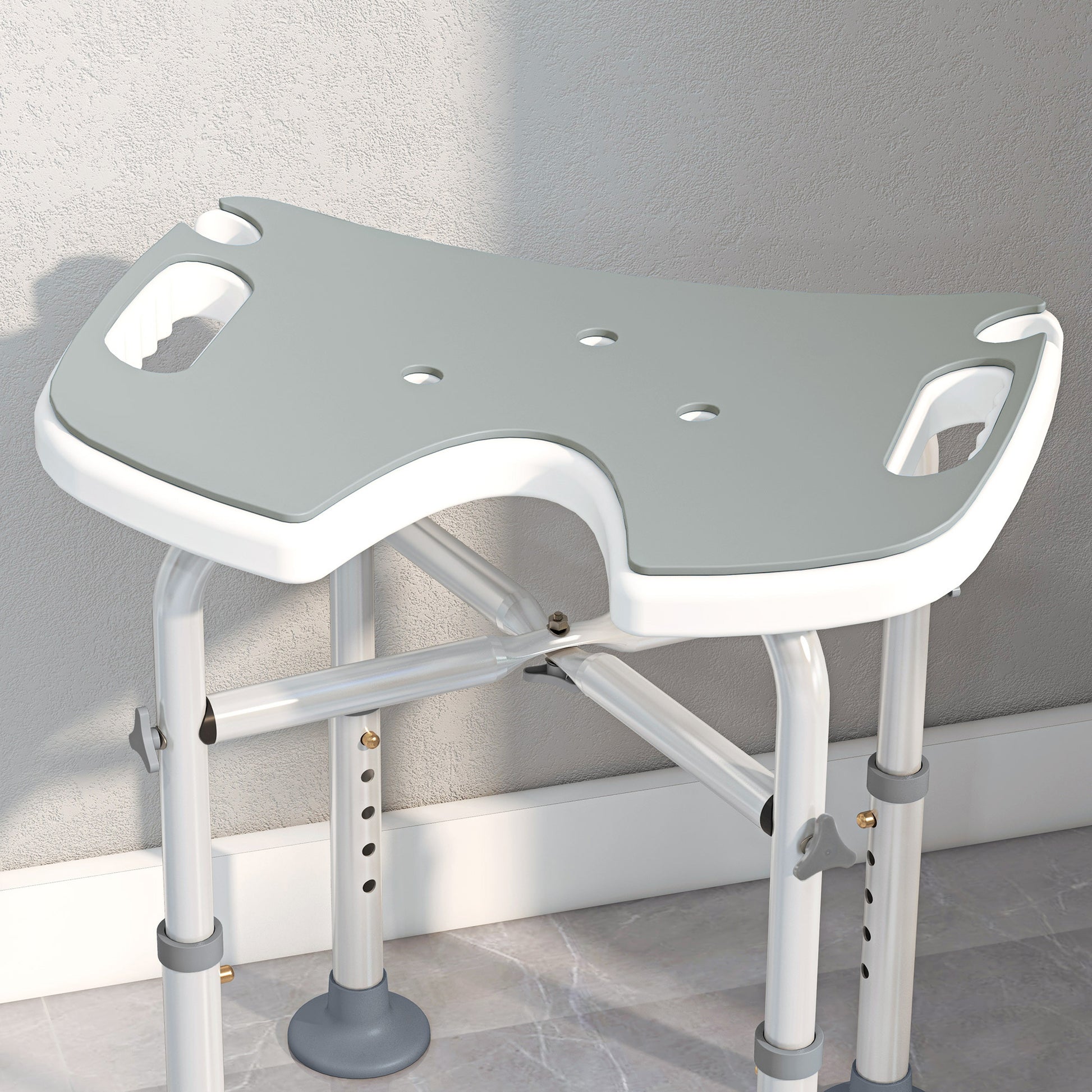 Height Adjustable Shower Stool with Suction Grab Rail U-Shaped Padded Seat
