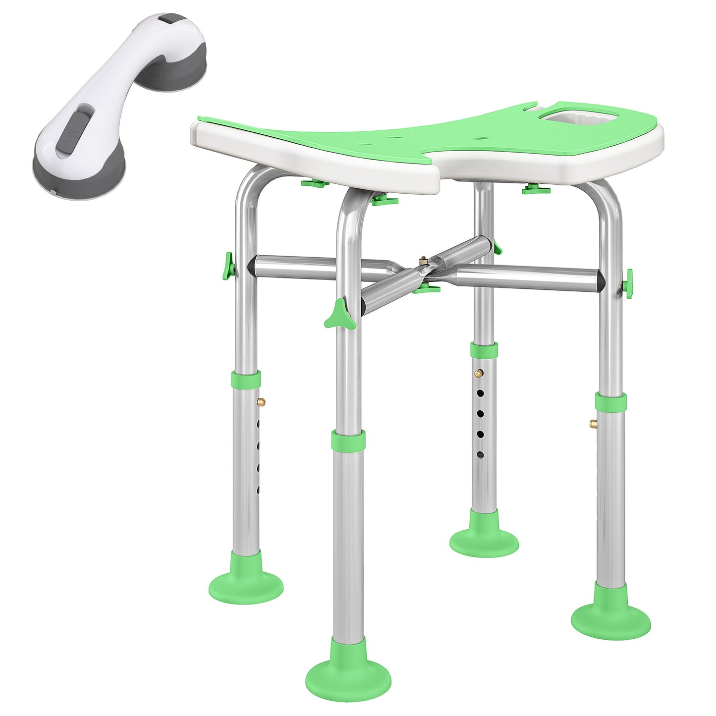 Height Adjustable Shower Stool with Suction Grab Rail U-Shaped Padded Seat