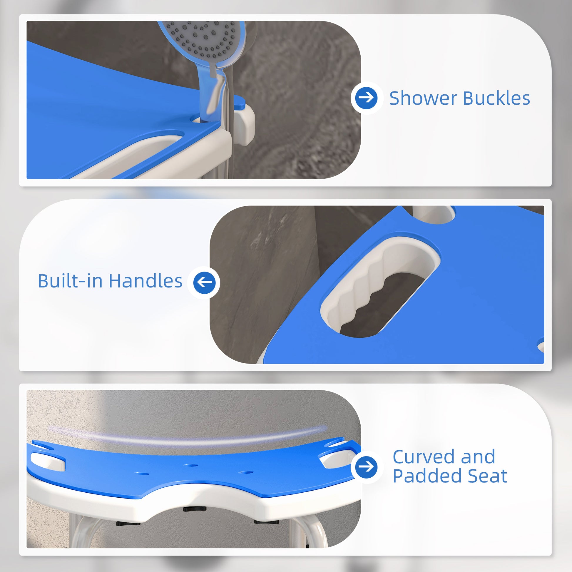 Height Adjustable Shower Stool with Suction Grab Rail U-Shaped Padded Seat
