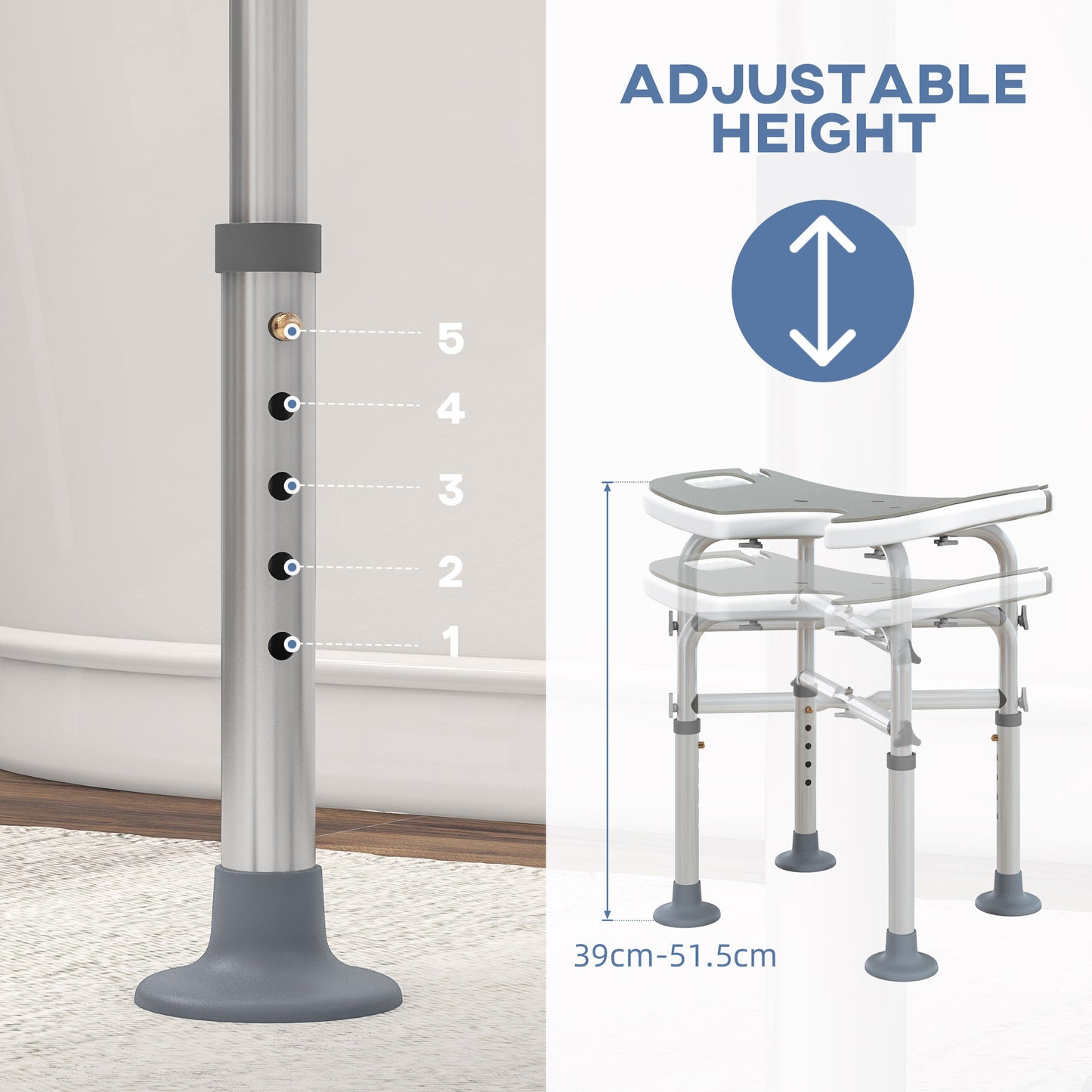 Height Adjustable Shower Stool with Suction Grab Rail U-Shaped Padded Seat