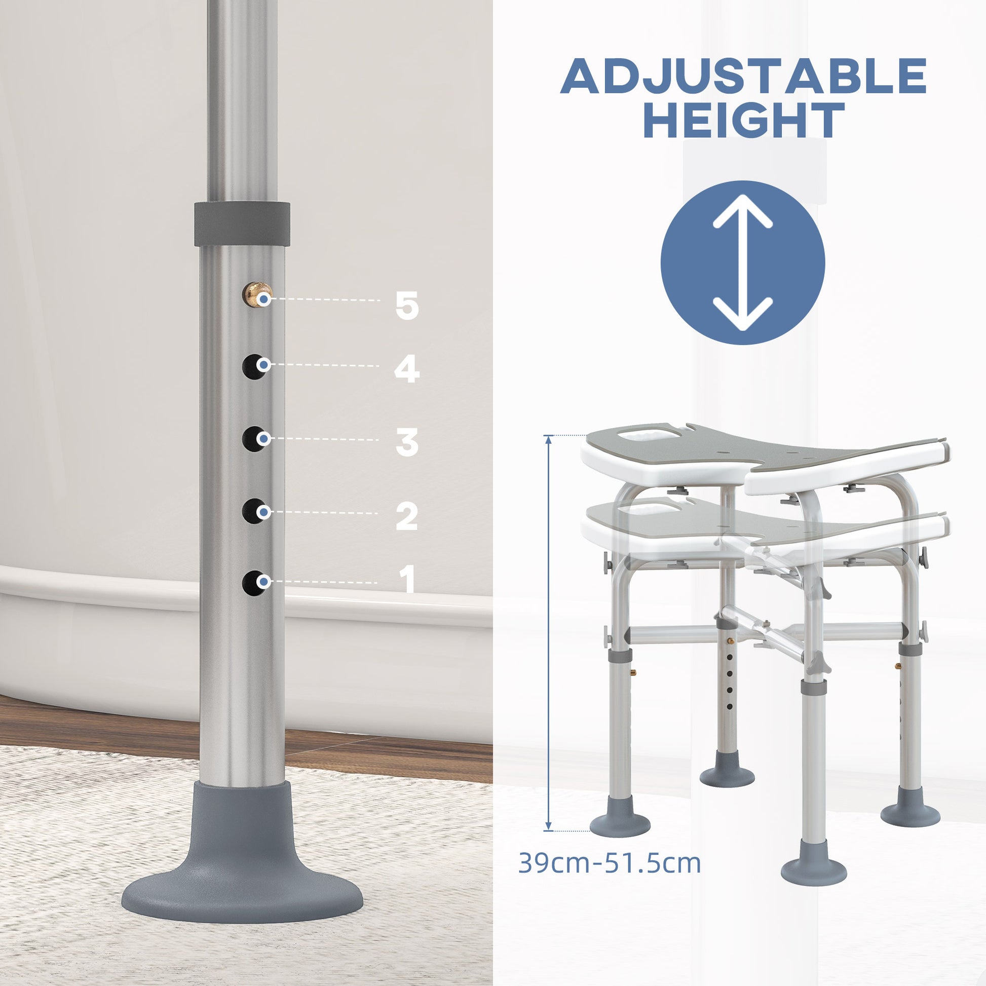 Height Adjustable Shower Stool with Suction Grab Rail U-Shaped Padded Seat