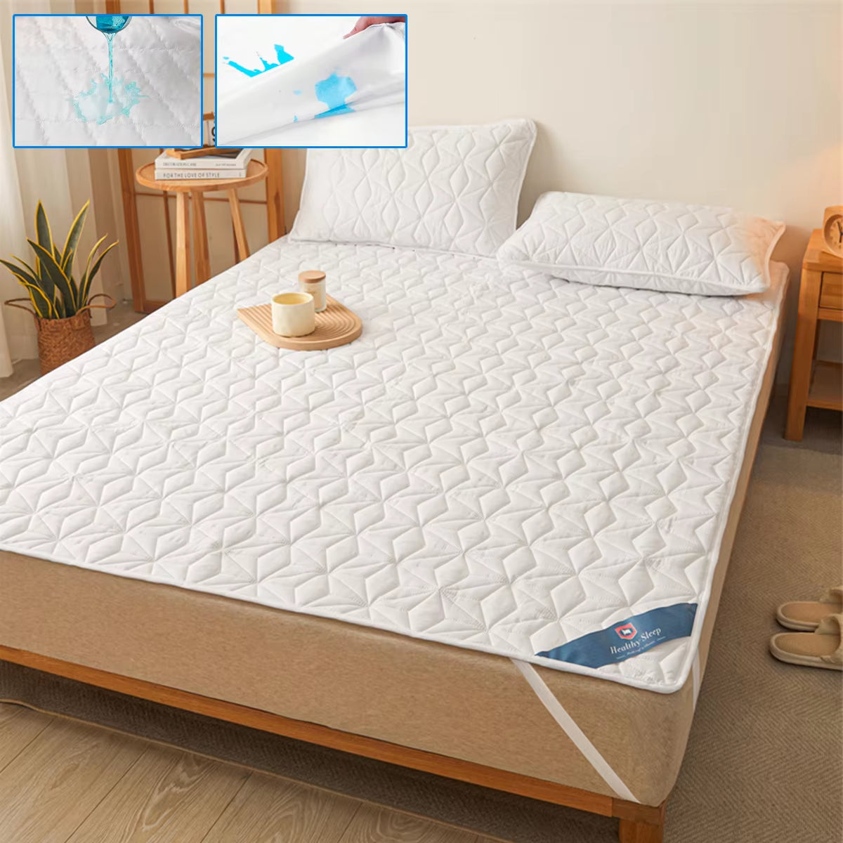 Waterproof Mattress Protector - Breathable Noiseless Mattress Cover Pad with 4 Elastic Corner Straps Fits up to 40 Cm Deep