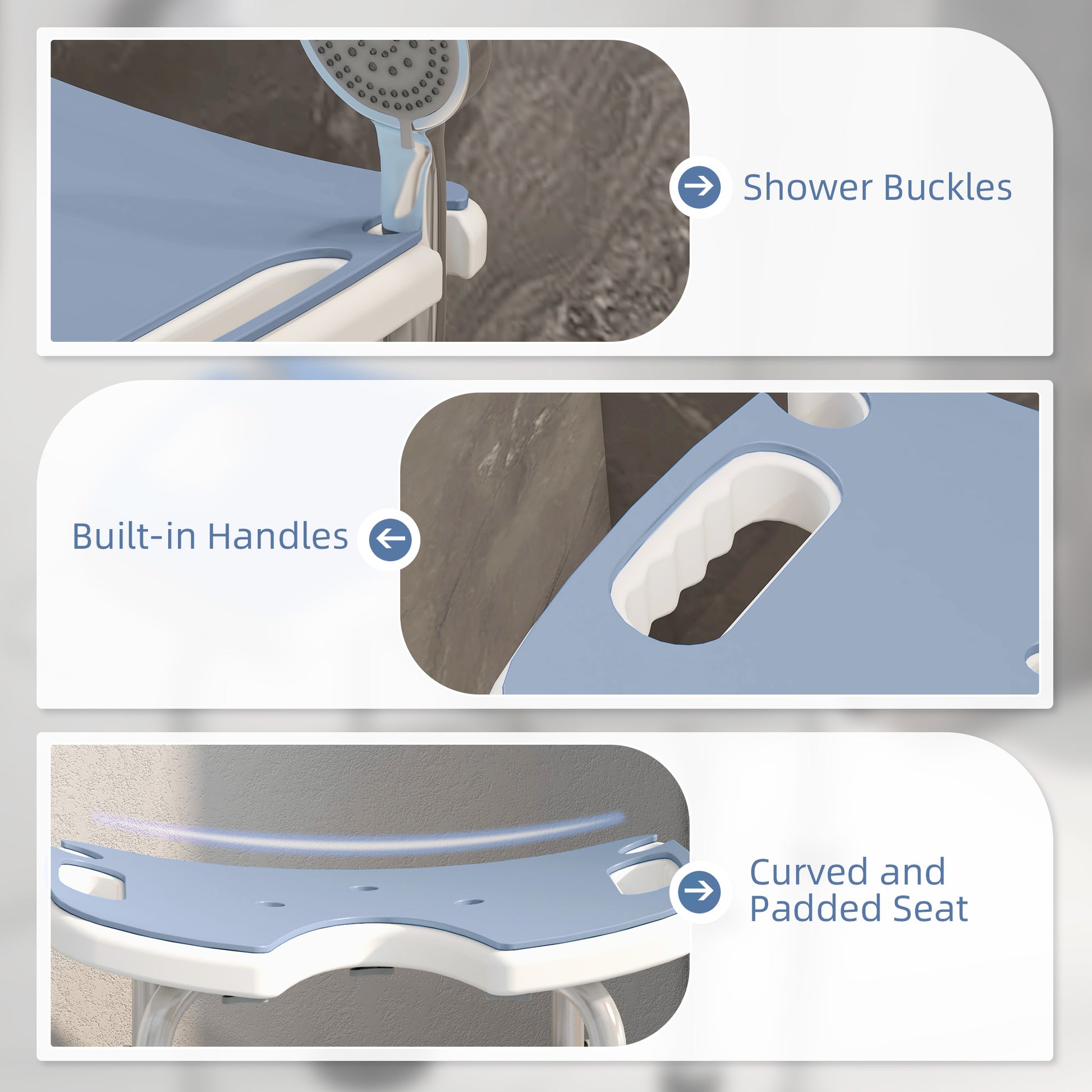 Height Adjustable Shower Stool with Suction Grab Rail U-Shaped Padded Seat