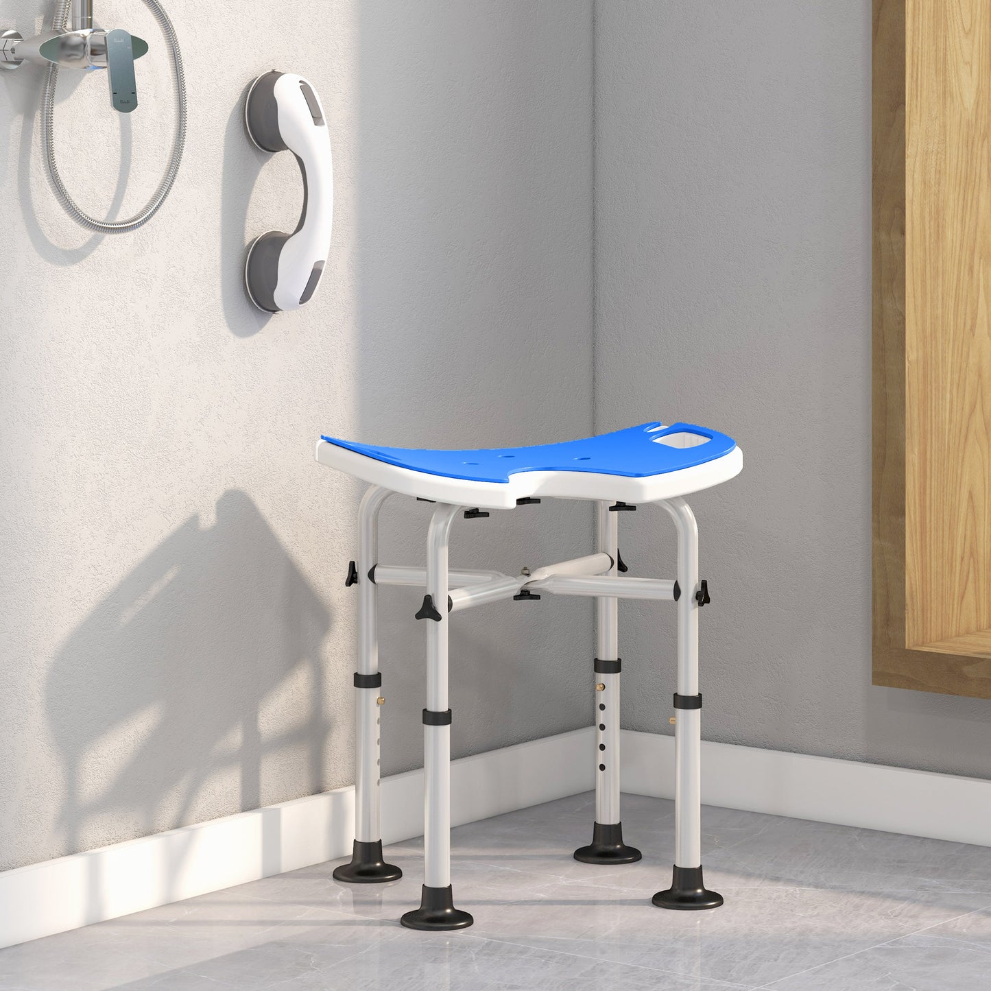 Height Adjustable Shower Stool with Suction Grab Rail U-Shaped Padded Seat