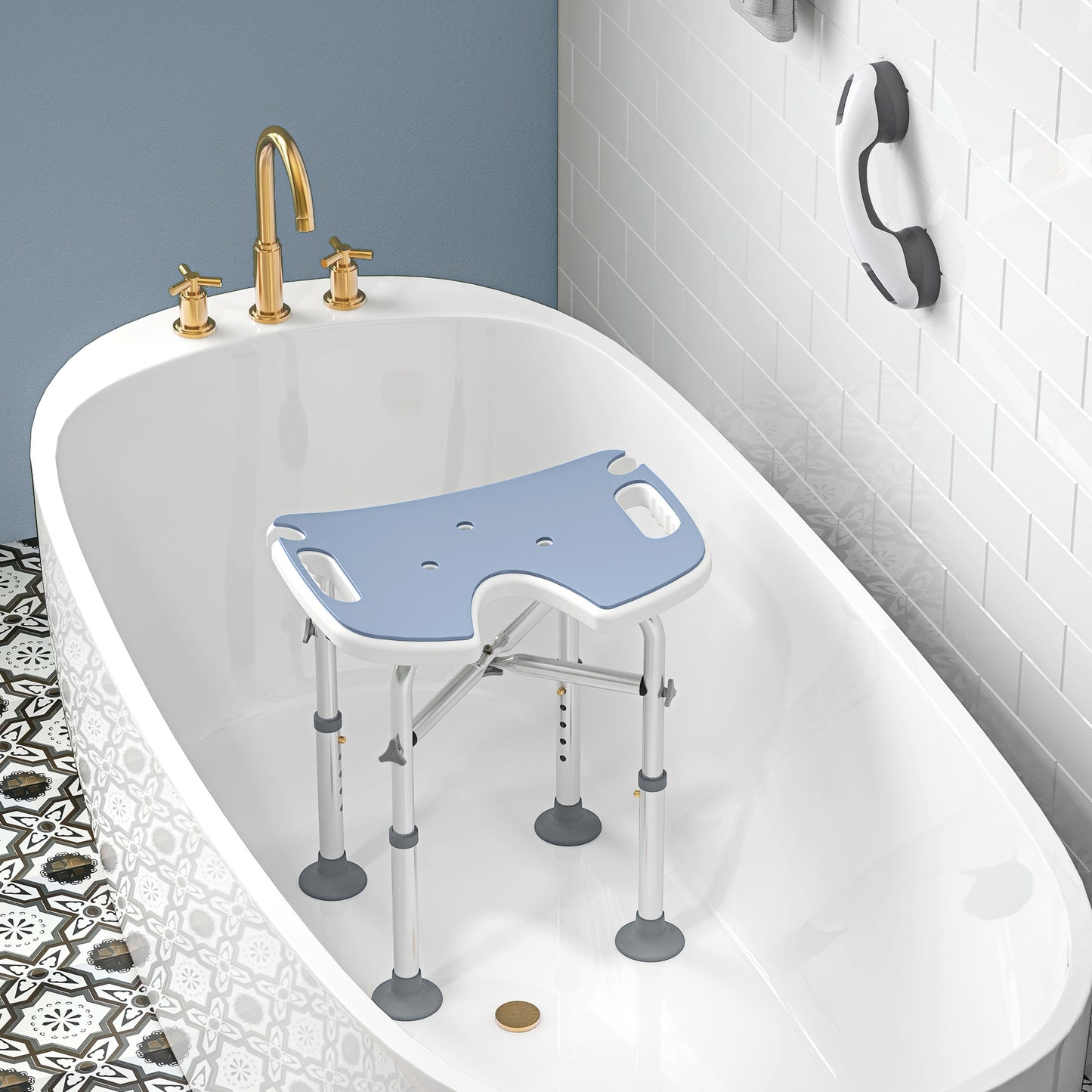 Height Adjustable Shower Stool with Suction Grab Rail U-Shaped Padded Seat