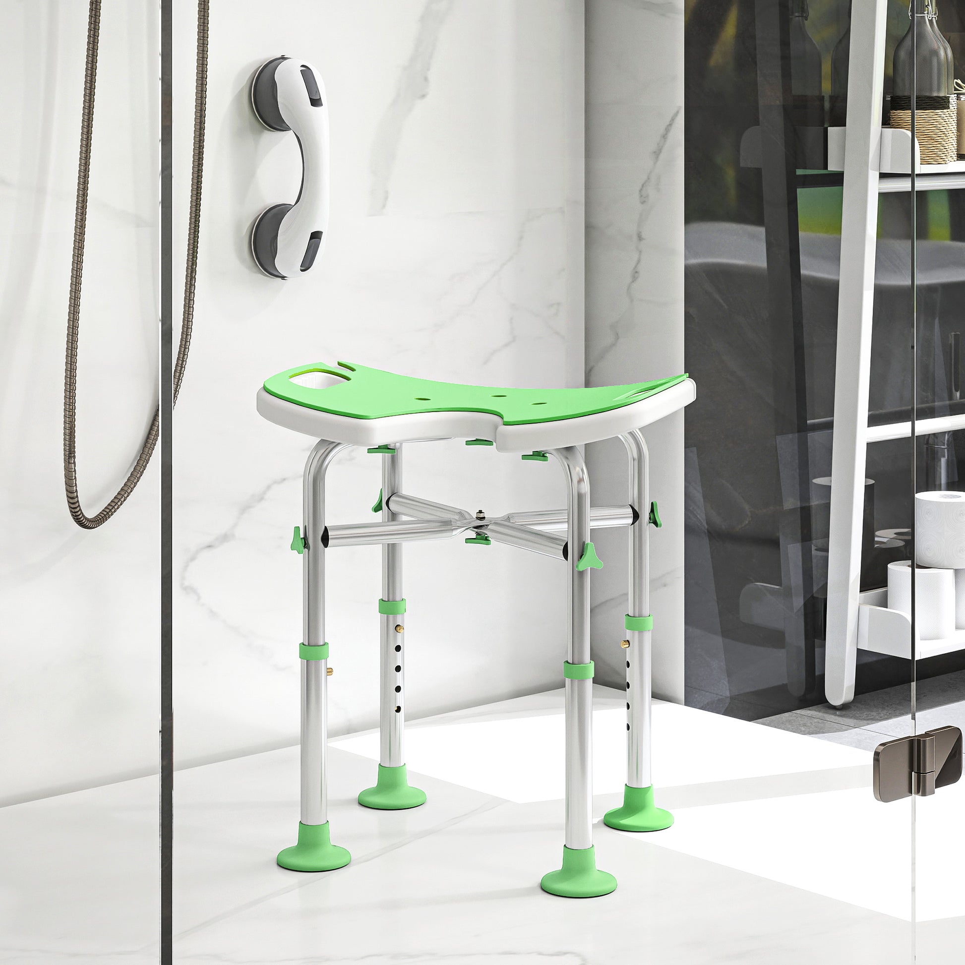 Height Adjustable Shower Stool with Suction Grab Rail U-Shaped Padded Seat