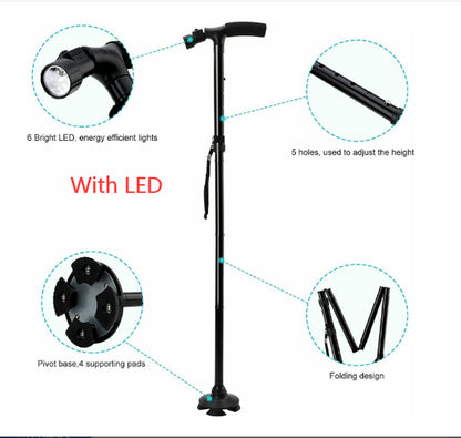 Folding LCD Walking Stick Cane with Flashlight for Senior Aluminium Travel Hiking Cane Trekking Pole Crutch Handle Strap 5 Gears