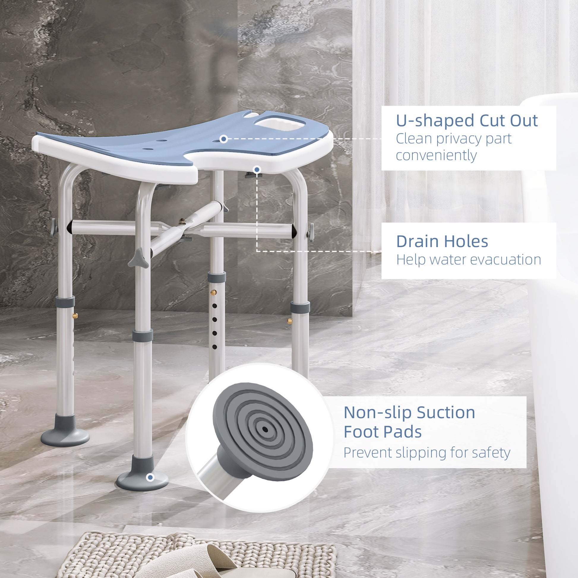 Height Adjustable Shower Stool with Suction Grab Rail U-Shaped Padded Seat