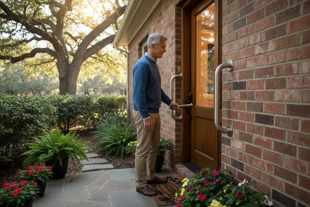 man using a grab handle to enter his home
